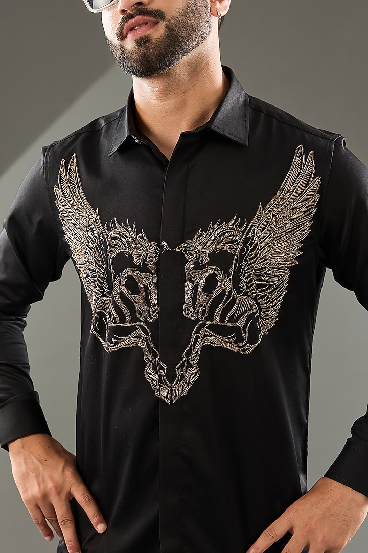 Black Cotton Lycra Cutdana Hand Embroidered Party Wear Shirt by SAMMOHAN at Pernia's Pop Up Shop